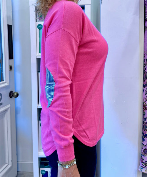 Cotton Cashmere Crew Neck  | Pink swing with stripe patches