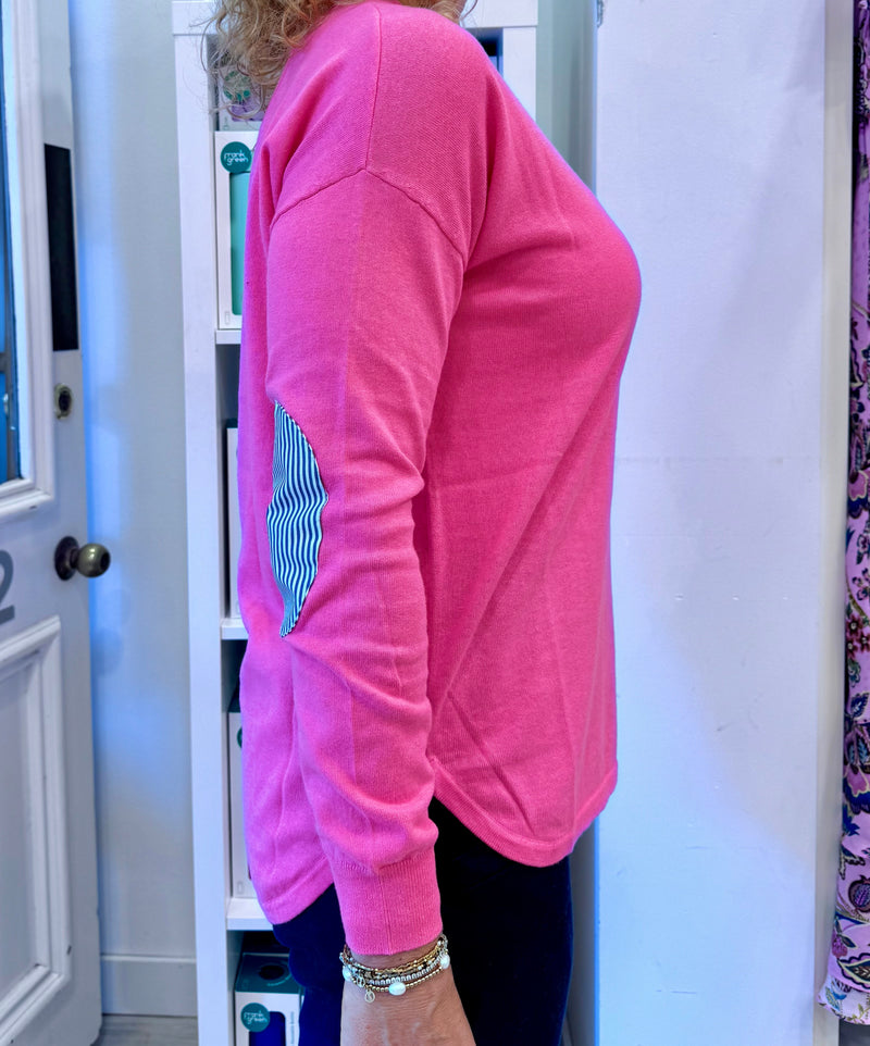 Cotton Cashmere Crew Neck  | Pink swing with stripe patches