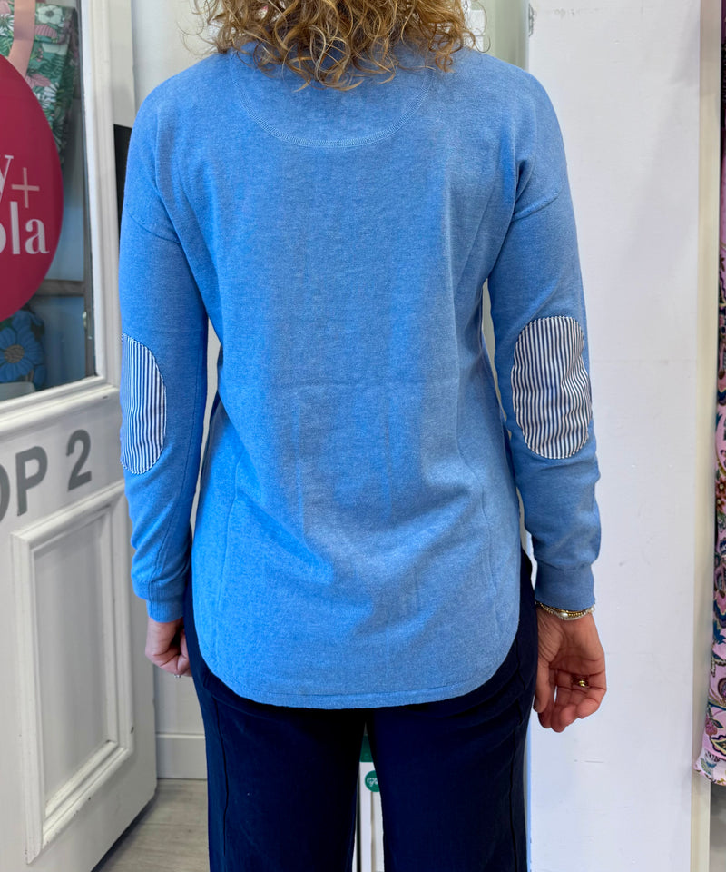 Cotton Cashmere Crew Neck  | Blue swing with stripe patches