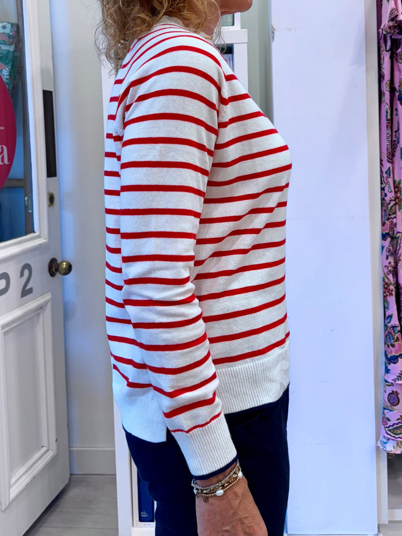 Cotton Cashmere Crew Neck  | White Red Stripe