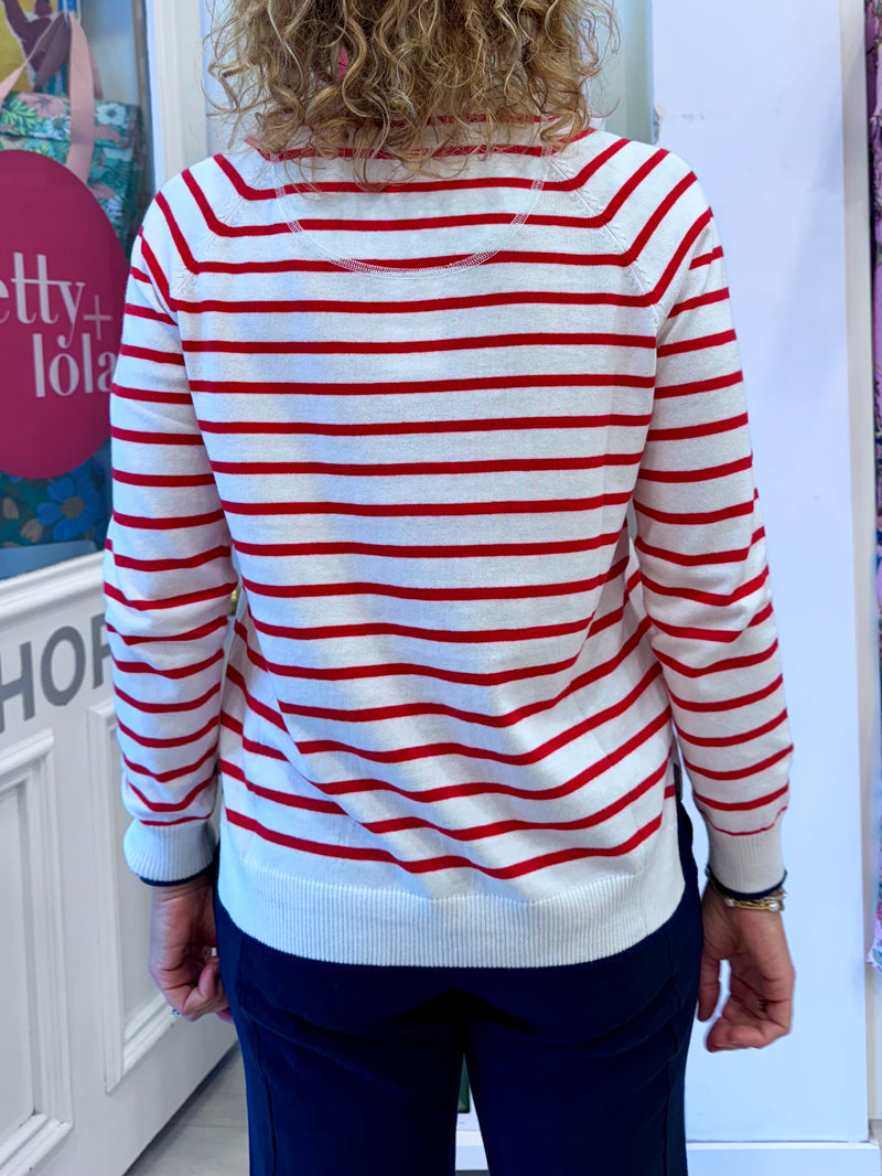 Cotton Cashmere Crew Neck  | White Red Stripe