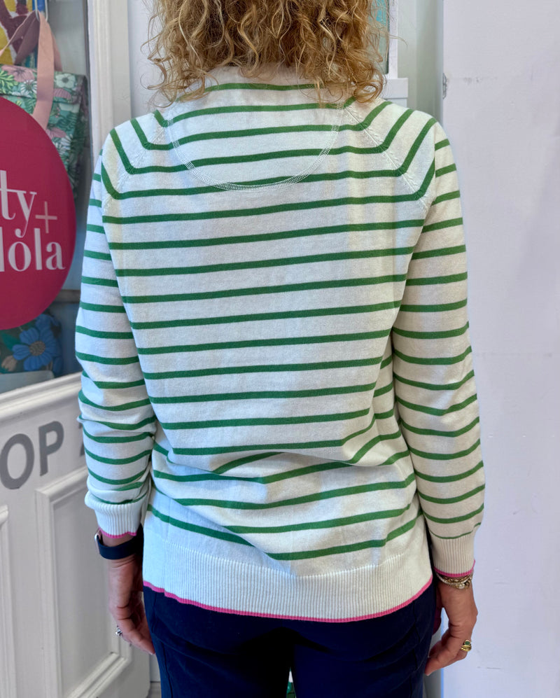 Cotton Cashmere Crew Neck  | White Green Stripe