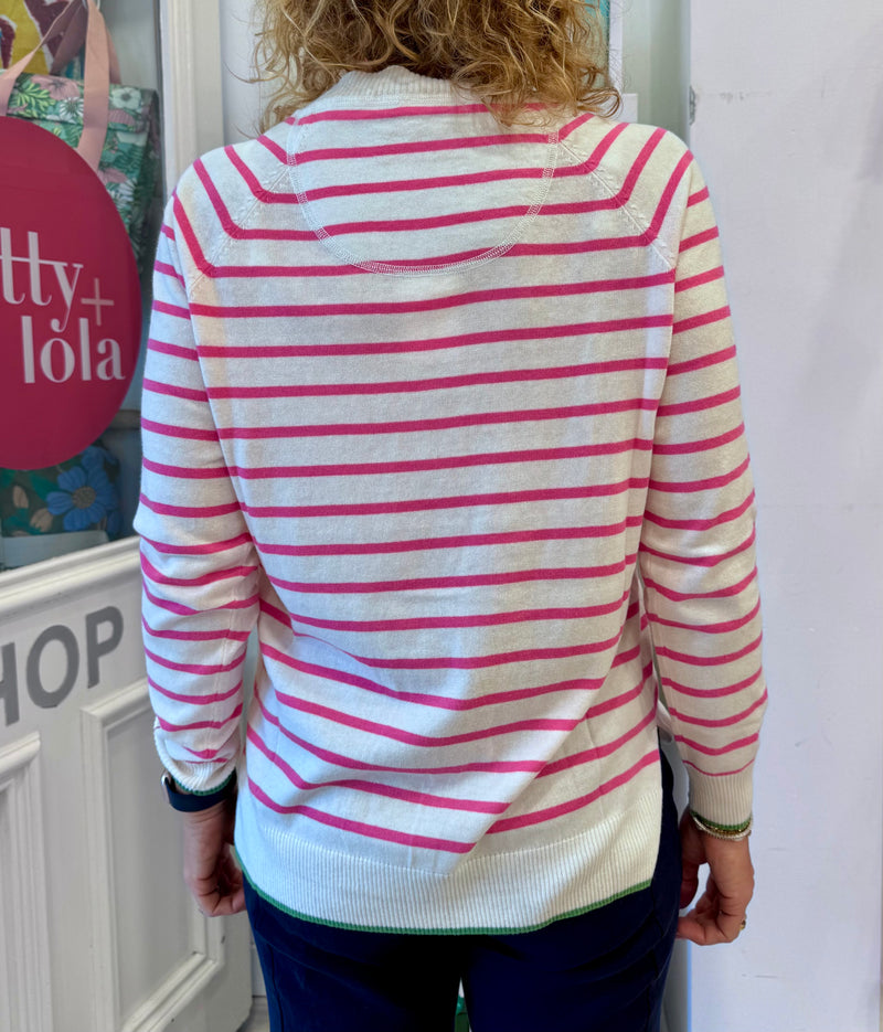 Cotton Cashmere Crew Neck  | White Pink Stripe