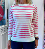 Cotton Cashmere Crew Neck  | White Pink Stripe