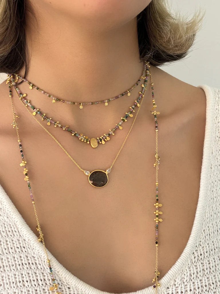 Long Multi Tourmaline gold charm necklace