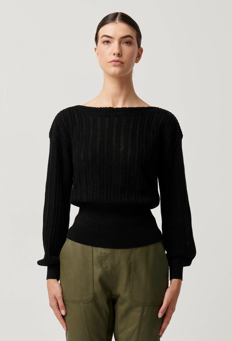 Marley Super Fine Merino Supima Braided Pointelle Knit Top | Black