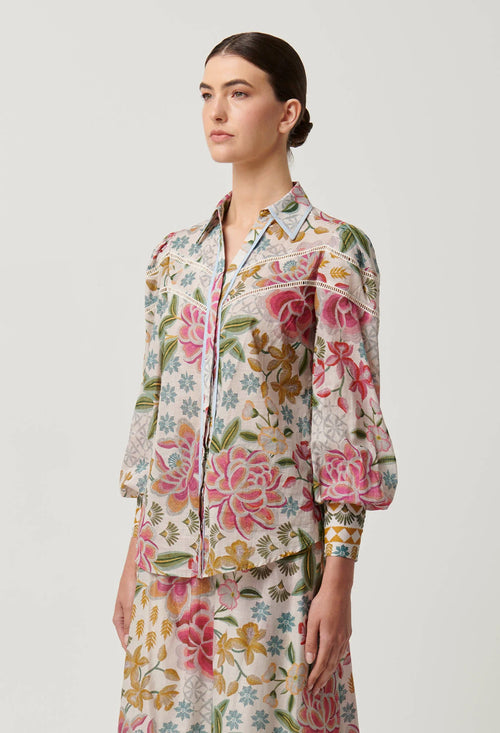 Wren Lace Cotton Slub Shirt in Azalea Fields