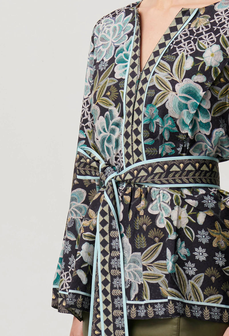 Emery Viscose Dobby Placement Printed Kaftan Tie Top | Dahlia Fields