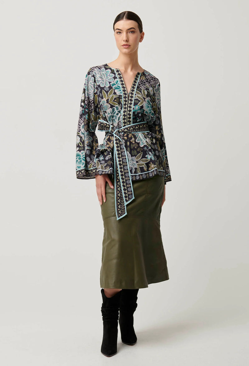 Emery Viscose Dobby Placement Printed Kaftan Tie Top | Dahlia Fields