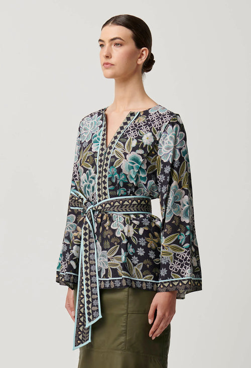 Emery Viscose Dobby Placement Printed Kaftan Tie Top | Dahlia Fields