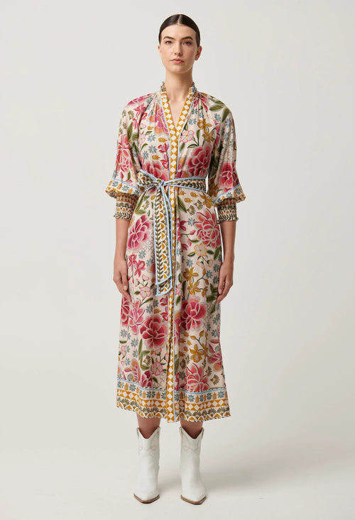 Carmen Viscose Linen Maxi Dress in Azalea Fields