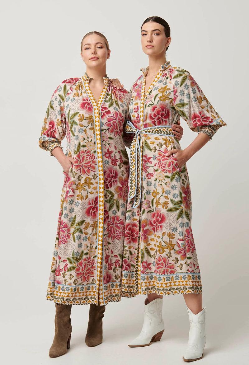 Carmen Viscose Linen Maxi Dress in Azalea Fields