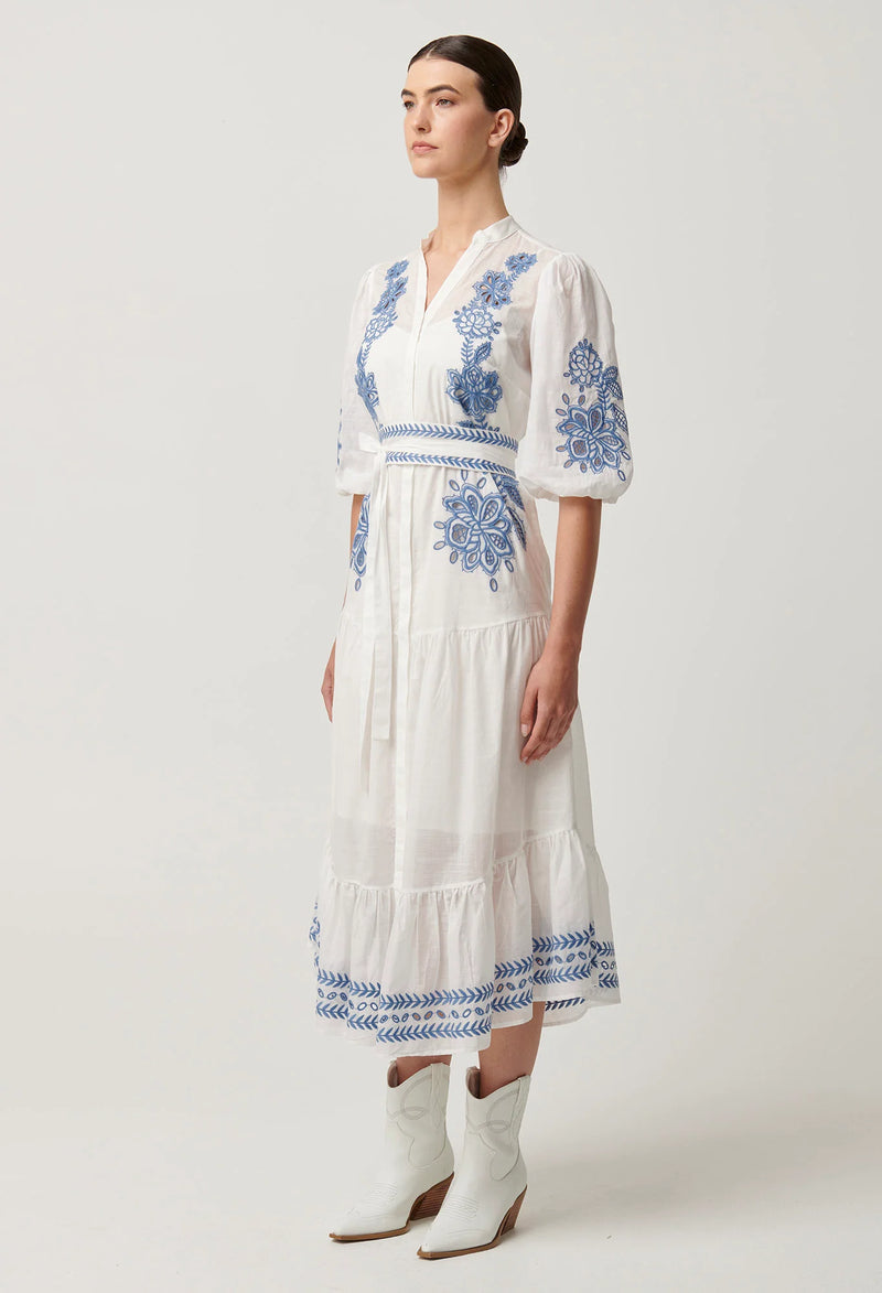 Gabriette Embroidered Cotton Slub Dress in Milk