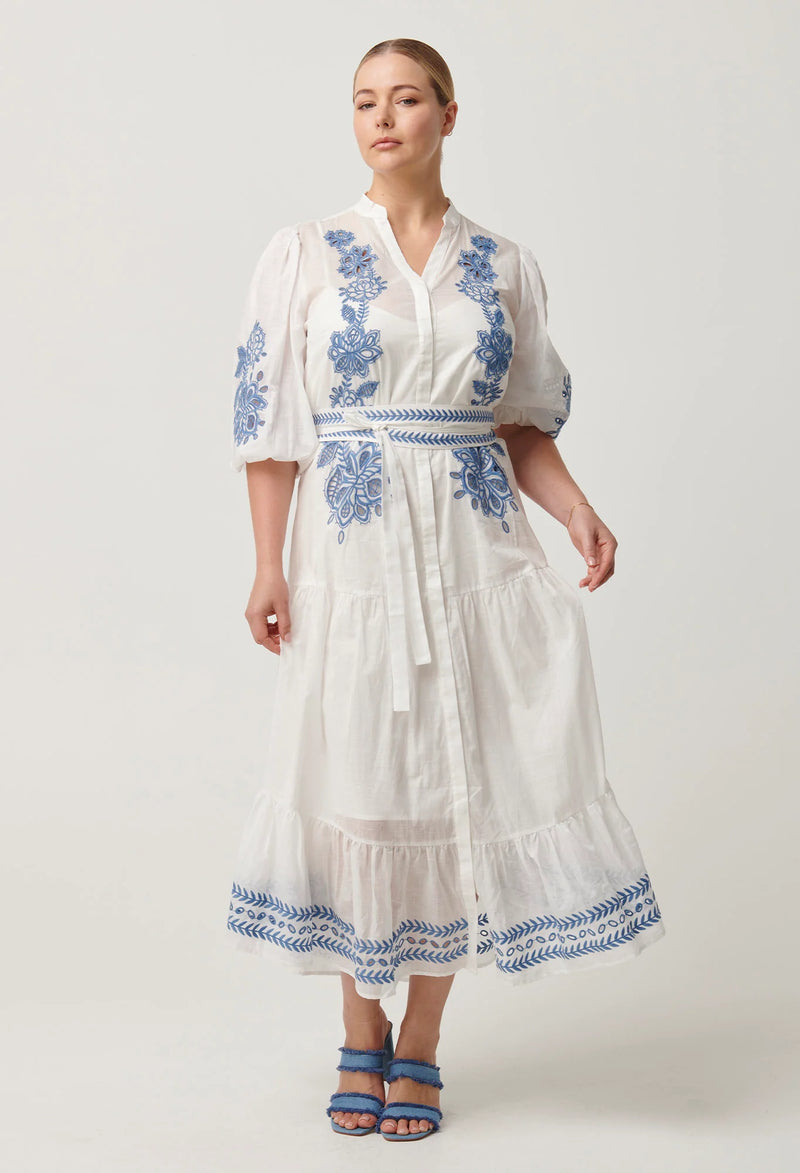 Gabriette Embroidered Cotton Slub Dress in Milk