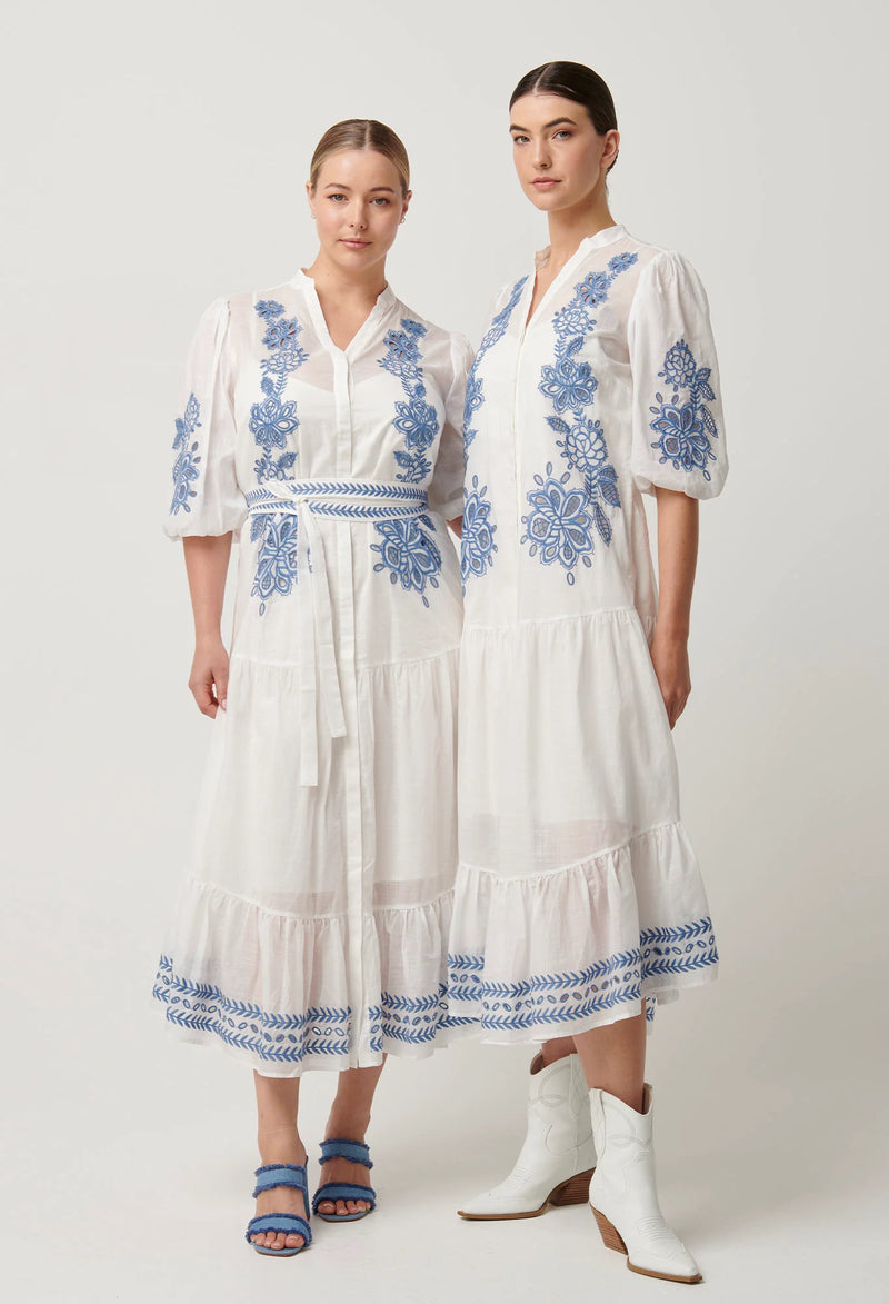 Gabriette Embroidered Cotton Slub Dress in Milk