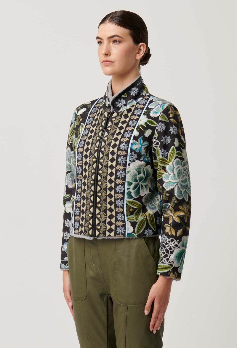 Rylie Reversible Placement Print Ponte & Faux Fur Jacket | Dahlia Fields