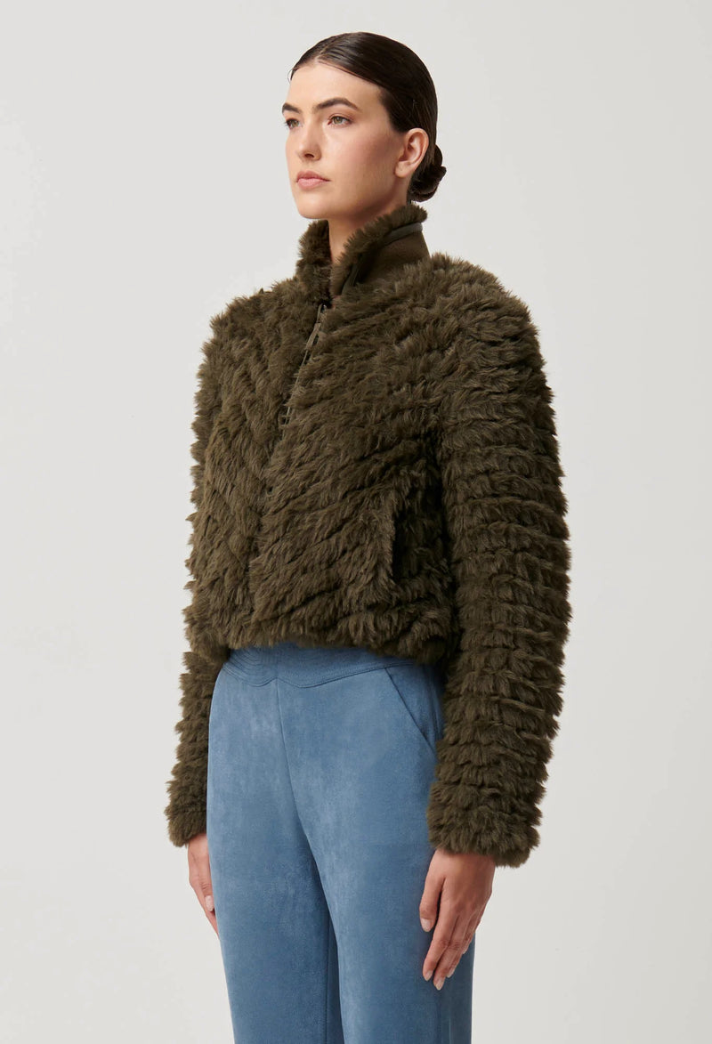 Sybil Chevron Faux Fur Rib Collar Bomber | Moss