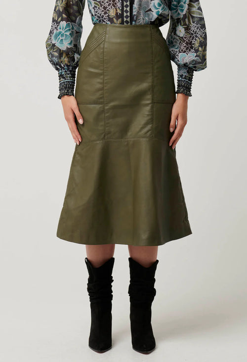 Mabel Leather Curved Tier Skirt | Moss