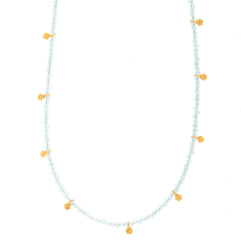 Short Aquamarine beaded necklace with flower gold