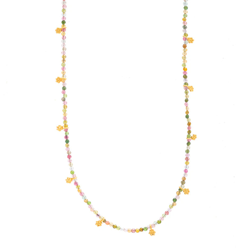 Short Multi Tourmaline beaded necklace with flower charms