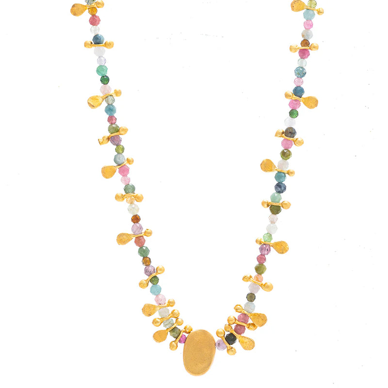 Multi Tourmaline beaded necklace with gold nugget