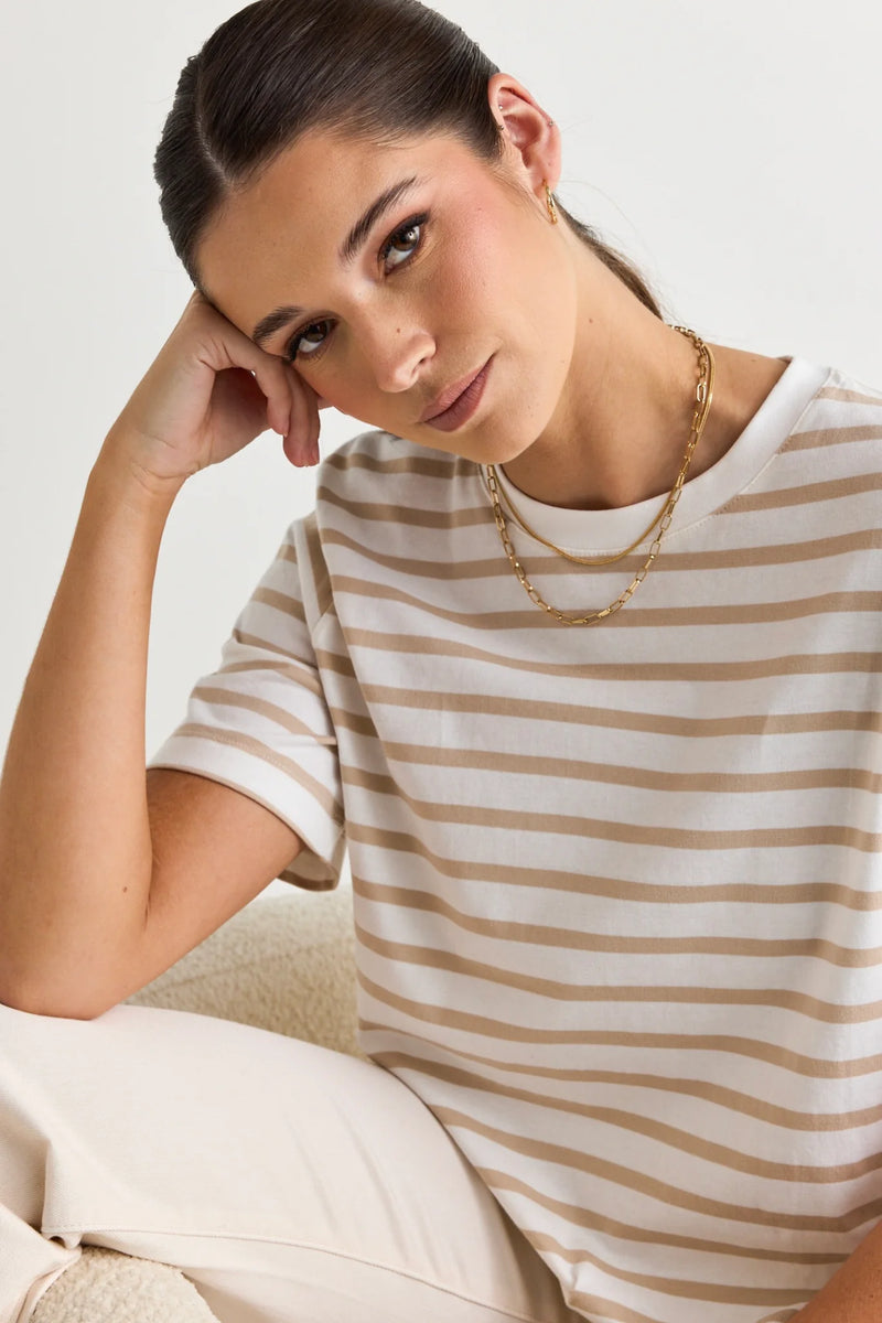 Binding White Natural Stripe Boxy Fit Tee | White Natural Stripe