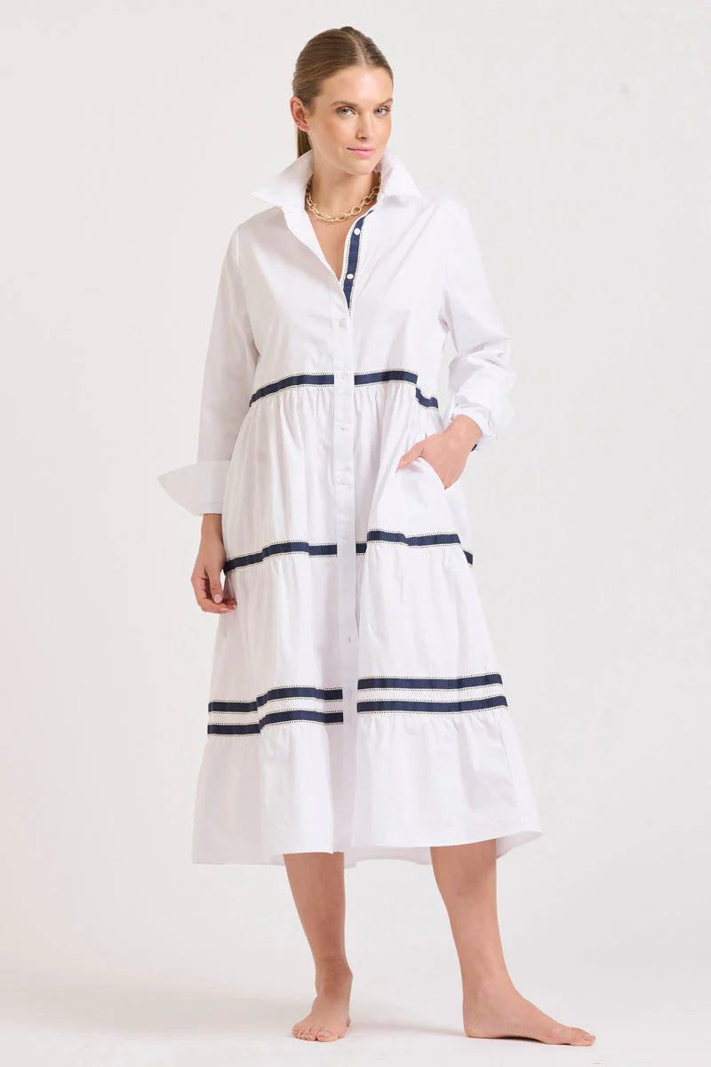 Amanda Tiered Dress | White with Navy