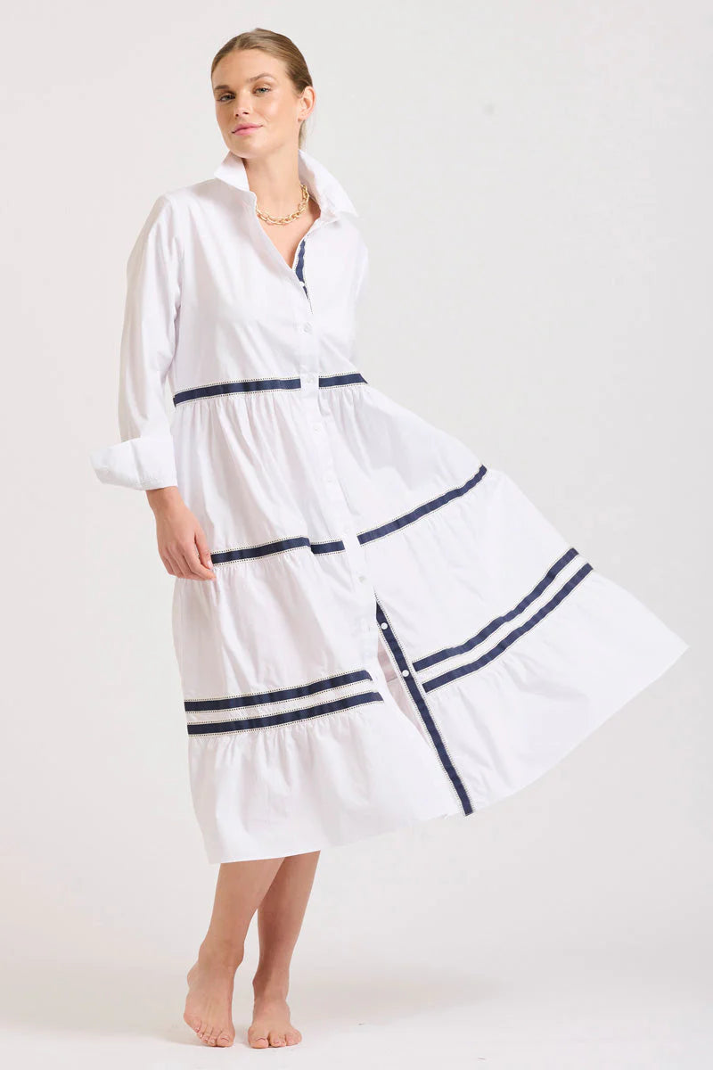 Amanda Tiered Dress | White with Navy