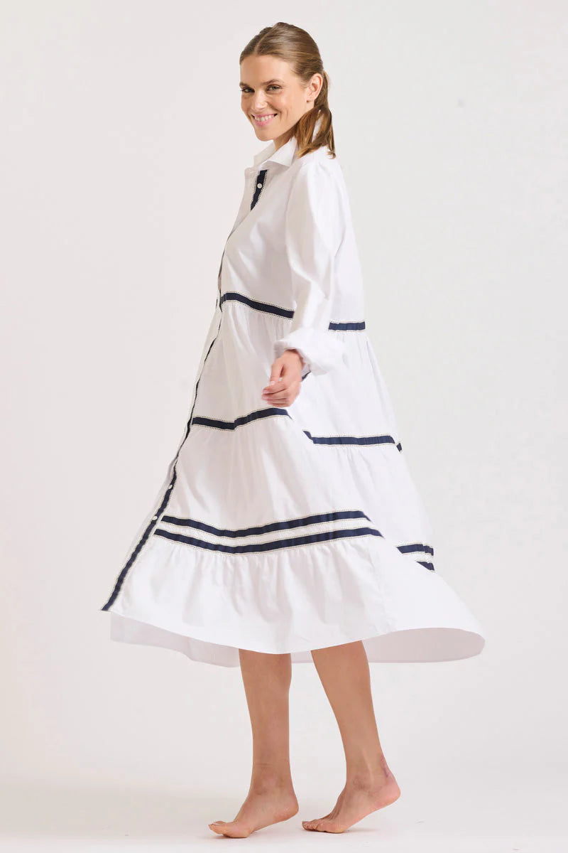 Amanda Tiered Dress | White with Navy