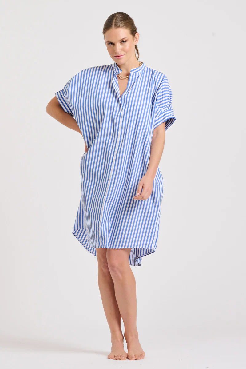 Isla Short Sleeve Dress | Mid Blue Stripe