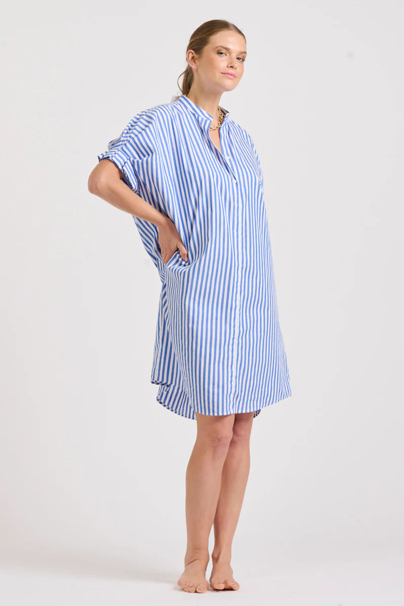 Isla Short Sleeve Dress | Mid Blue Stripe