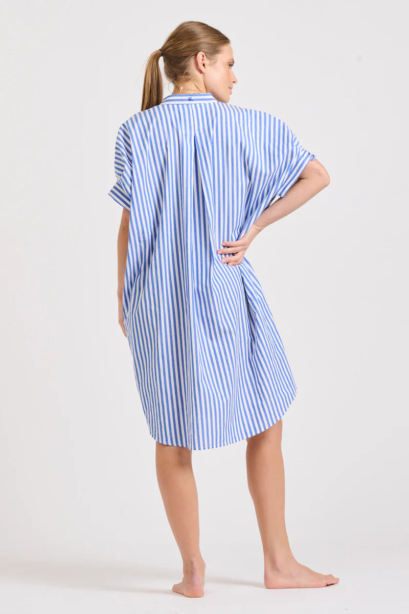 Isla Short Sleeve Dress | Mid Blue Stripe