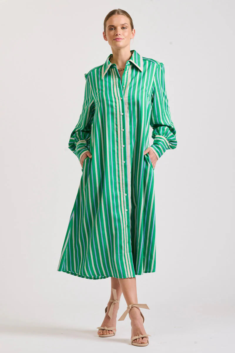 The Octavia Longline Shirtdress | Green Multi Stripe