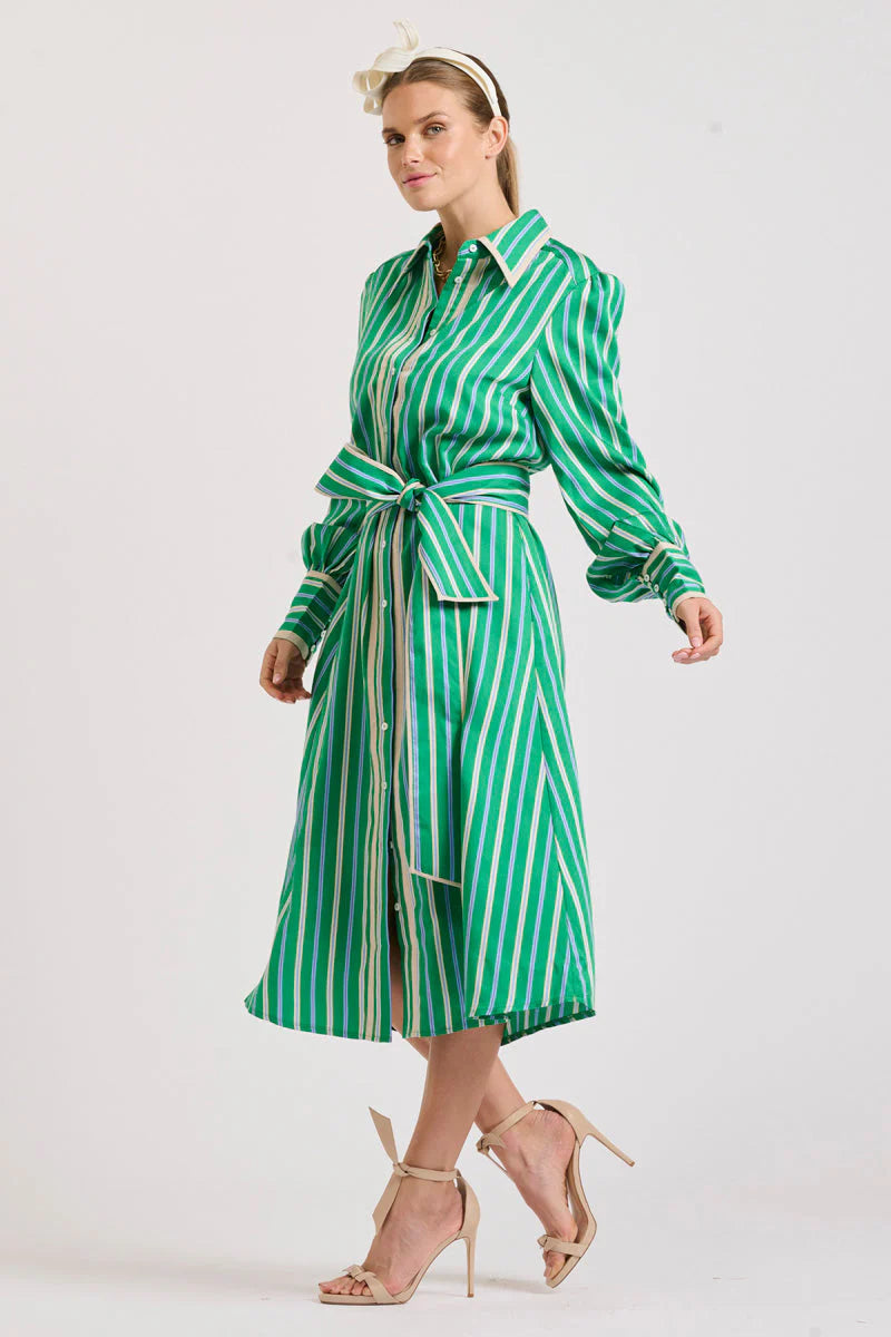 The Octavia Longline Shirtdress | Green Multi Stripe