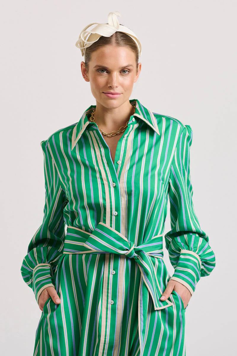 The Octavia Longline Shirtdress | Green Multi Stripe